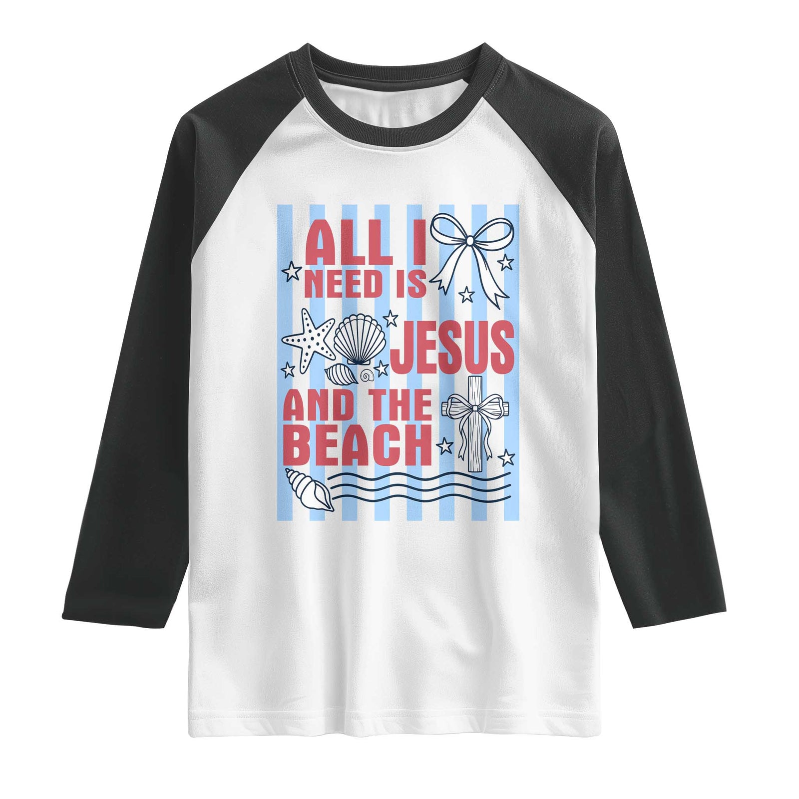 All I Need Is Jesus And The Beach Raglan Shirt Striped Christian Summer Graphic TS12 White Black Print Your Wear