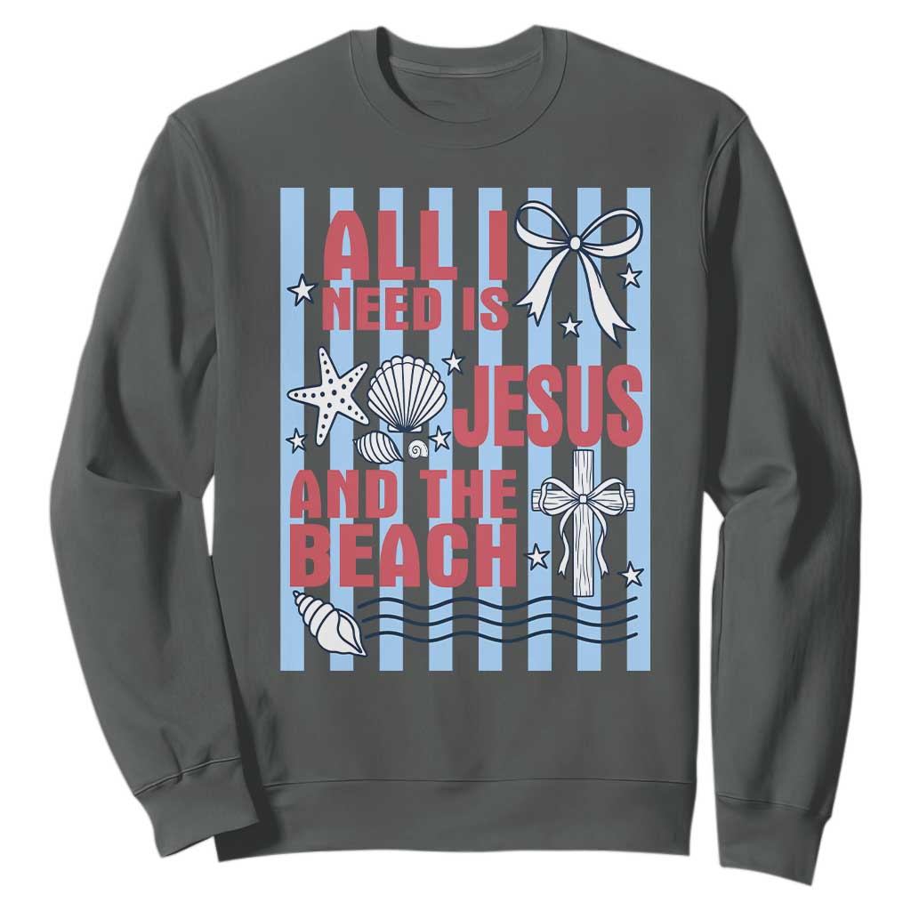 All I Need Is Jesus And The Beach Sweatshirt Striped Christian Summer Graphic TS12 Dark Heather Print Your Wear