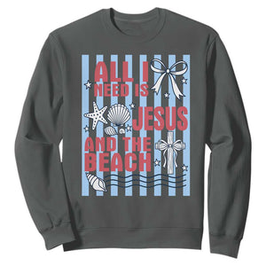 All I Need Is Jesus And The Beach Sweatshirt Striped Christian Summer Graphic TS12 Dark Heather Print Your Wear
