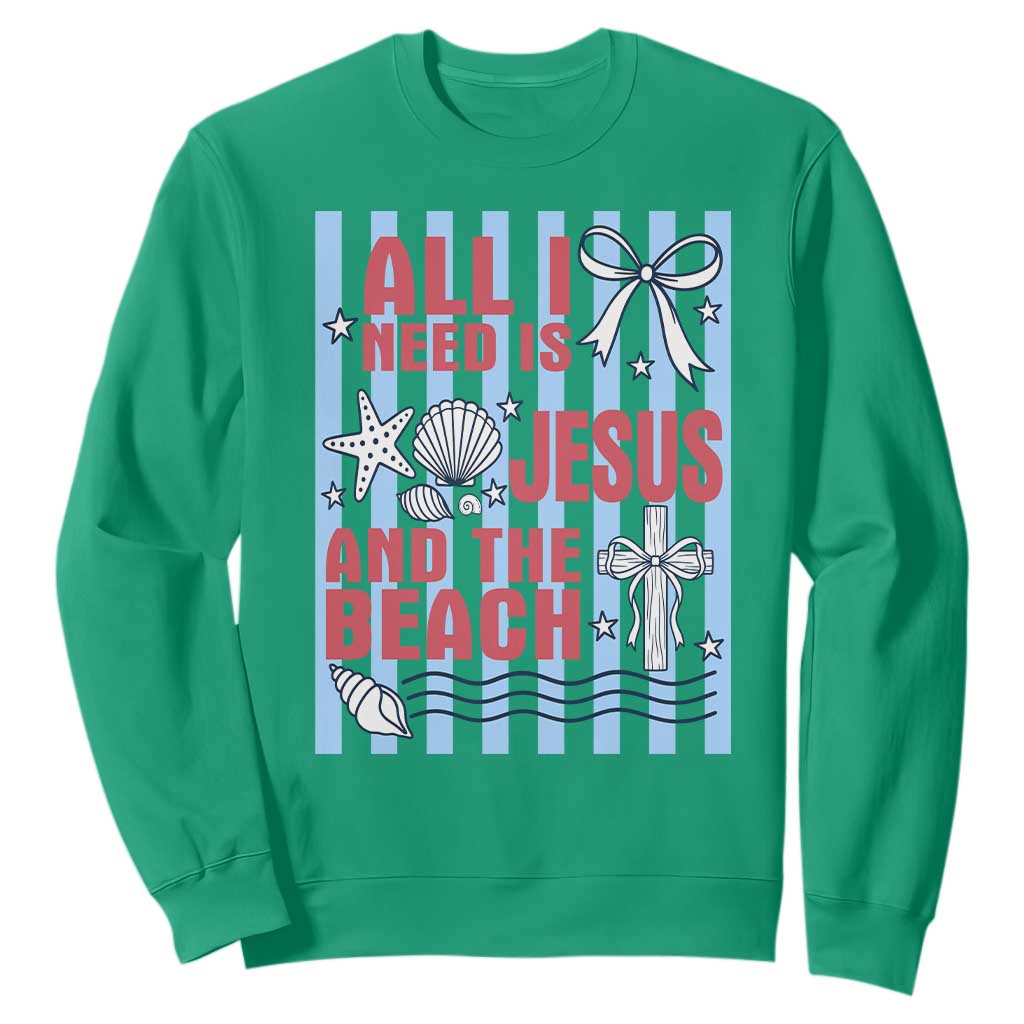All I Need Is Jesus And The Beach Sweatshirt Striped Christian Summer Graphic TS12 Irish Green Print Your Wear