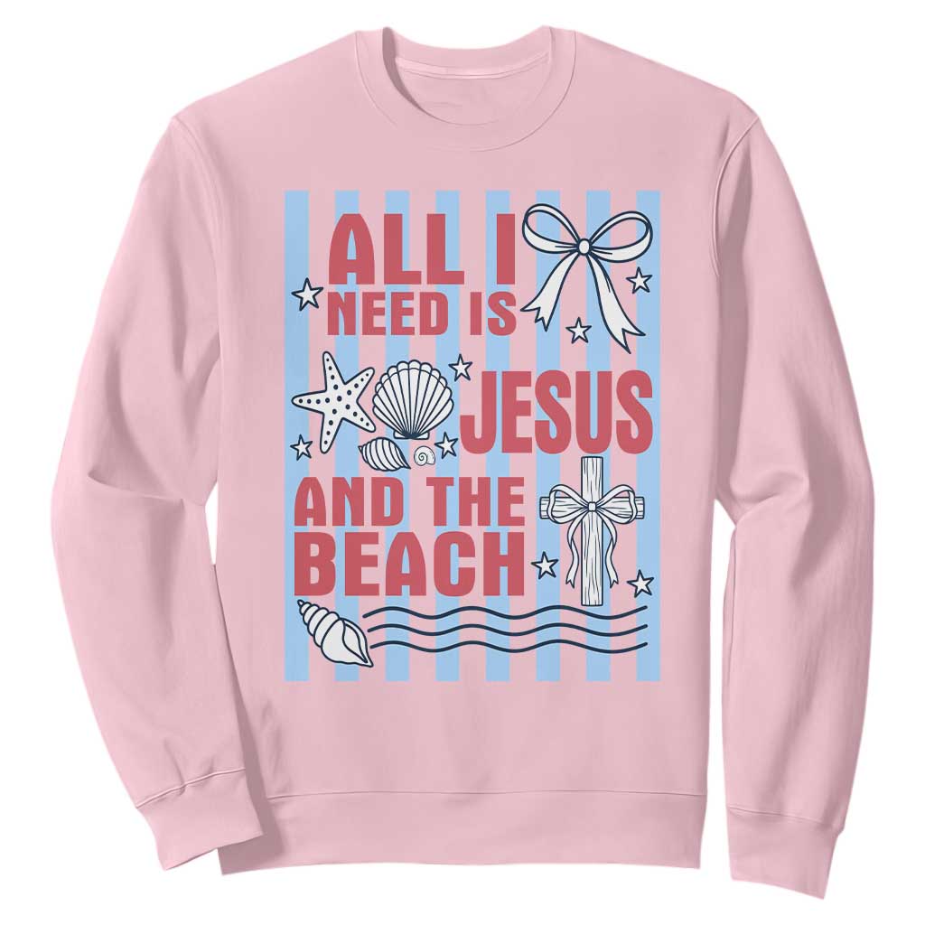 All I Need Is Jesus And The Beach Sweatshirt Striped Christian Summer Graphic TS12 Light Pink Print Your Wear