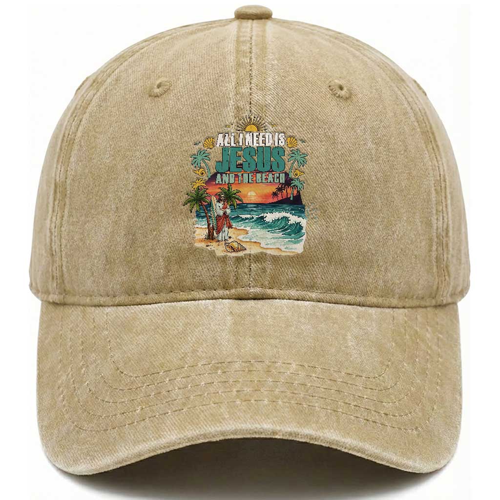 All I Need Is Jesus And The Beach Washed Cotton Baseball Cap Christian Summer Faith Graphic TS12 Print Your Wear