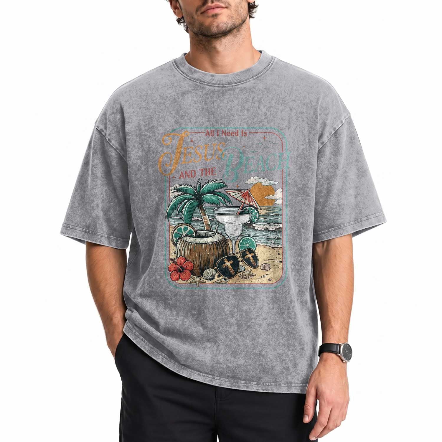 Funny Christian Beach Gift Washed Cotton T-Shirt All I Need Is Jesus And The Beach