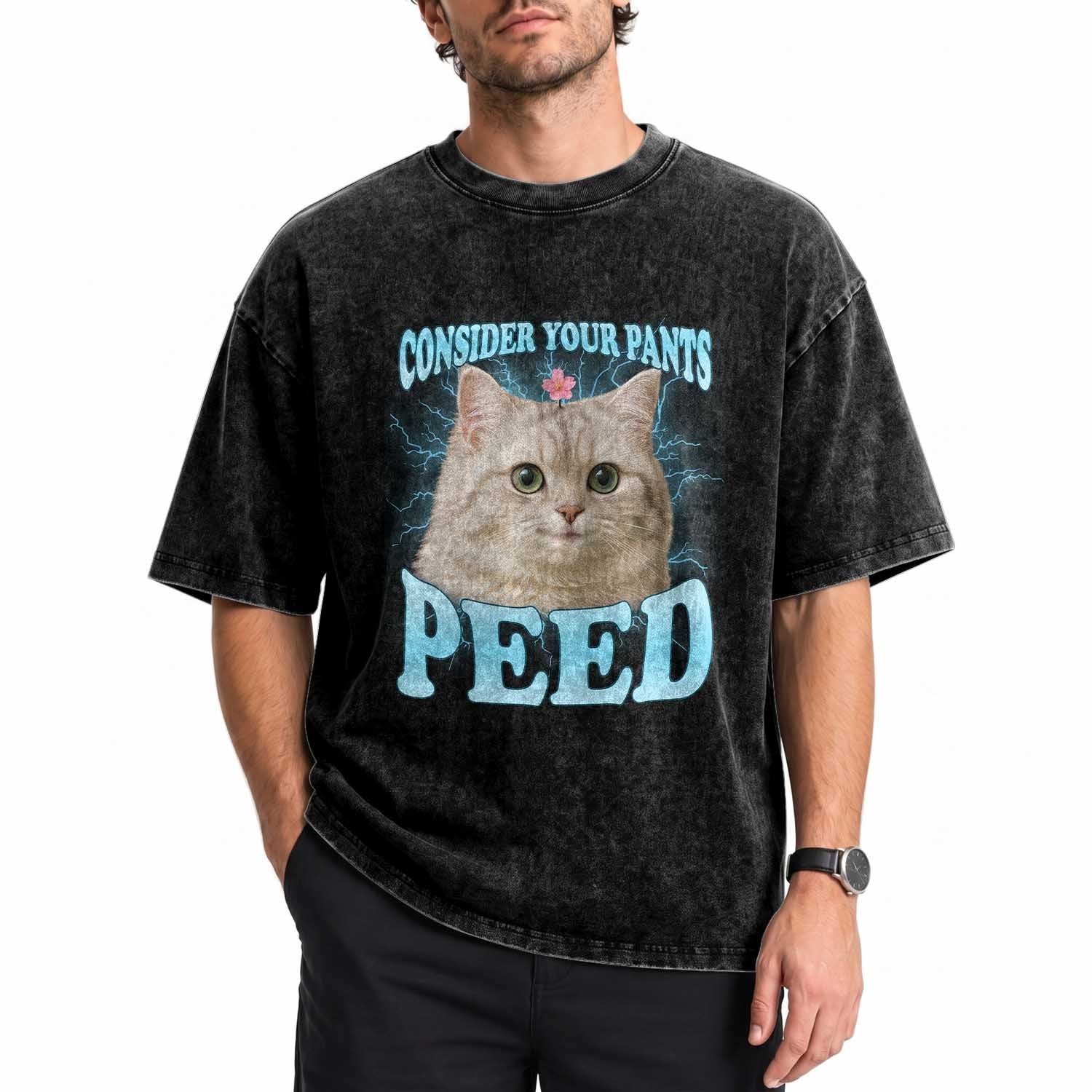 Funny Cat Washed Cotton T-Shirt Consider Your Pants Peed Meme Saying
