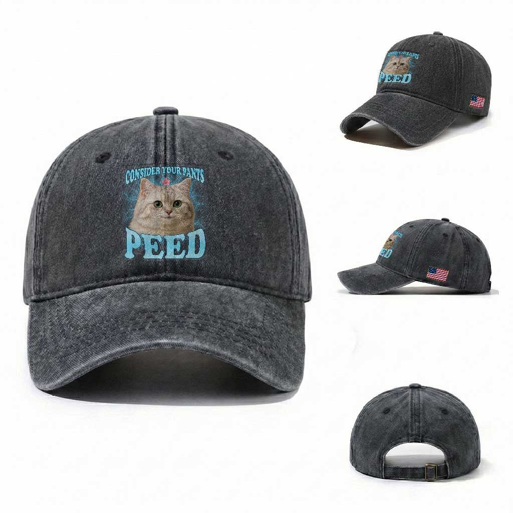 Funny Cat Washed Cotton Baseball Cap Consider Your Pants Peed Meme Saying TS12 Washed Cap Universal Fit Dark Gray Print Your Wear