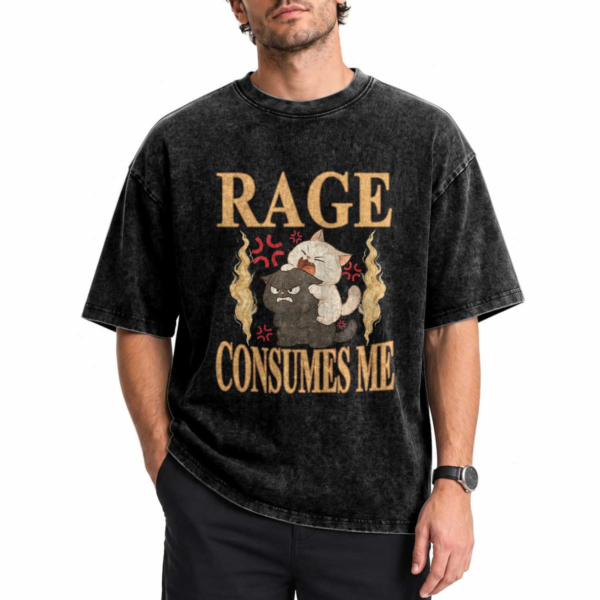 Cute Cat Washed Cotton T-Shirt Rage Is Consuming Me
