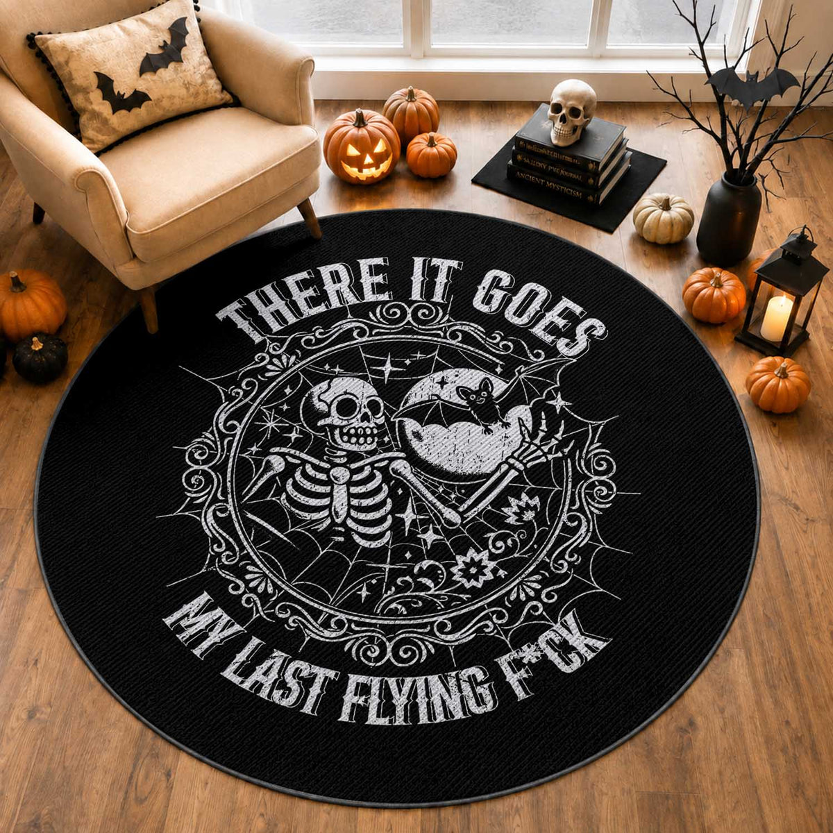 There It Goes My Last Flying F*ck Round Rug Funny Skeleton Quote