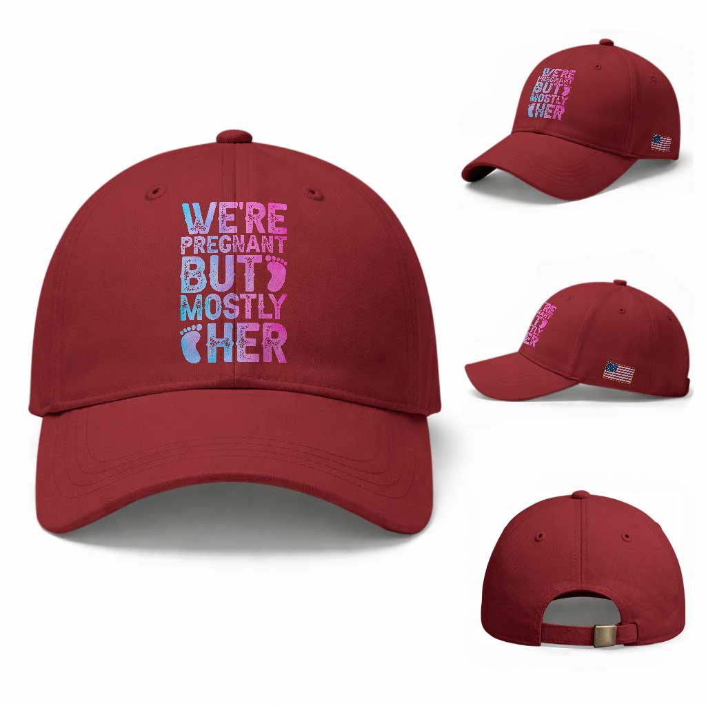 Funny First Time Parents Gift Baseball Cap We Are Pregnant But Mostly Her TS12 Baseball Cap Universal Fit Cherry Red Print Your Wear