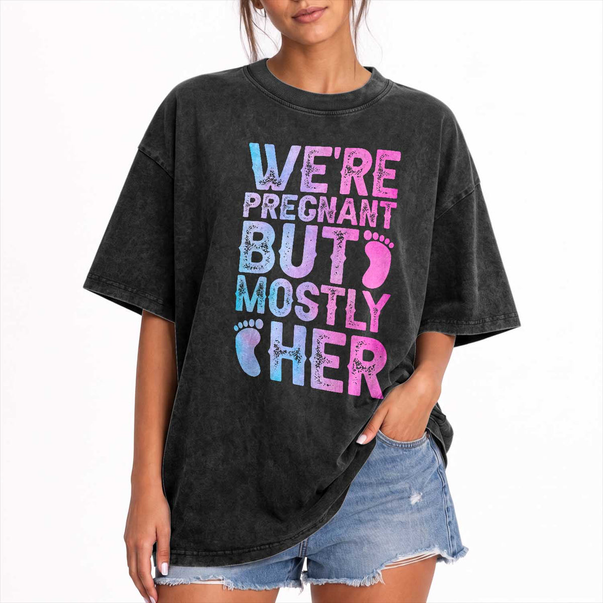 Funny First Time Parents Gift Washed Cotton T-Shirt We Are Pregnant But Mostly Her