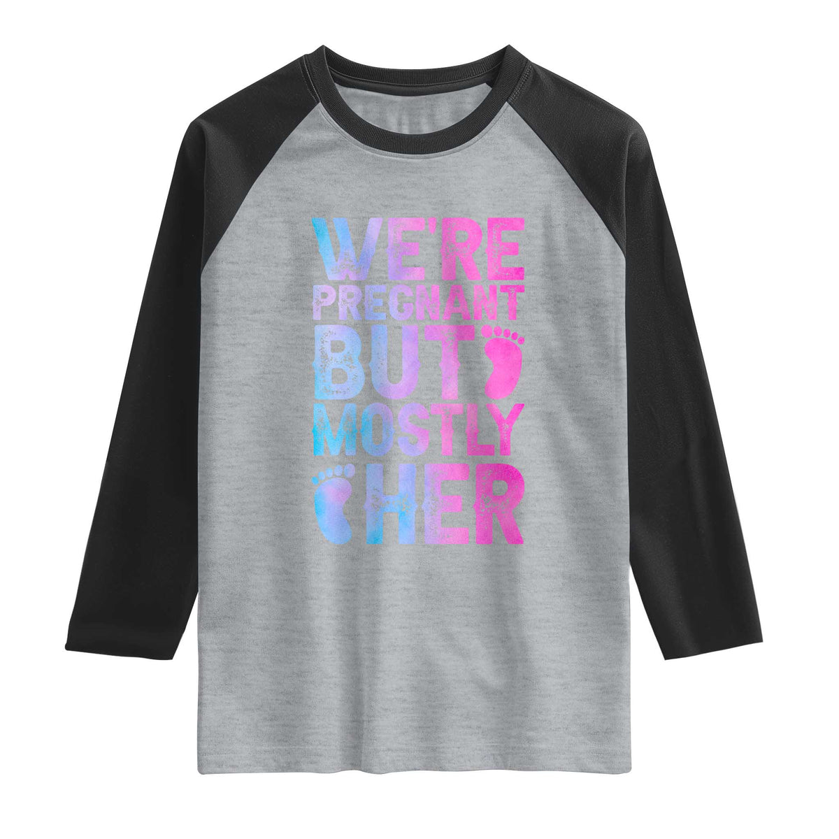 Funny First Time Parents Gift Raglan Shirt We Are Pregnant But Mostly Her TS12 Heather Gray Black Print Your Wear
