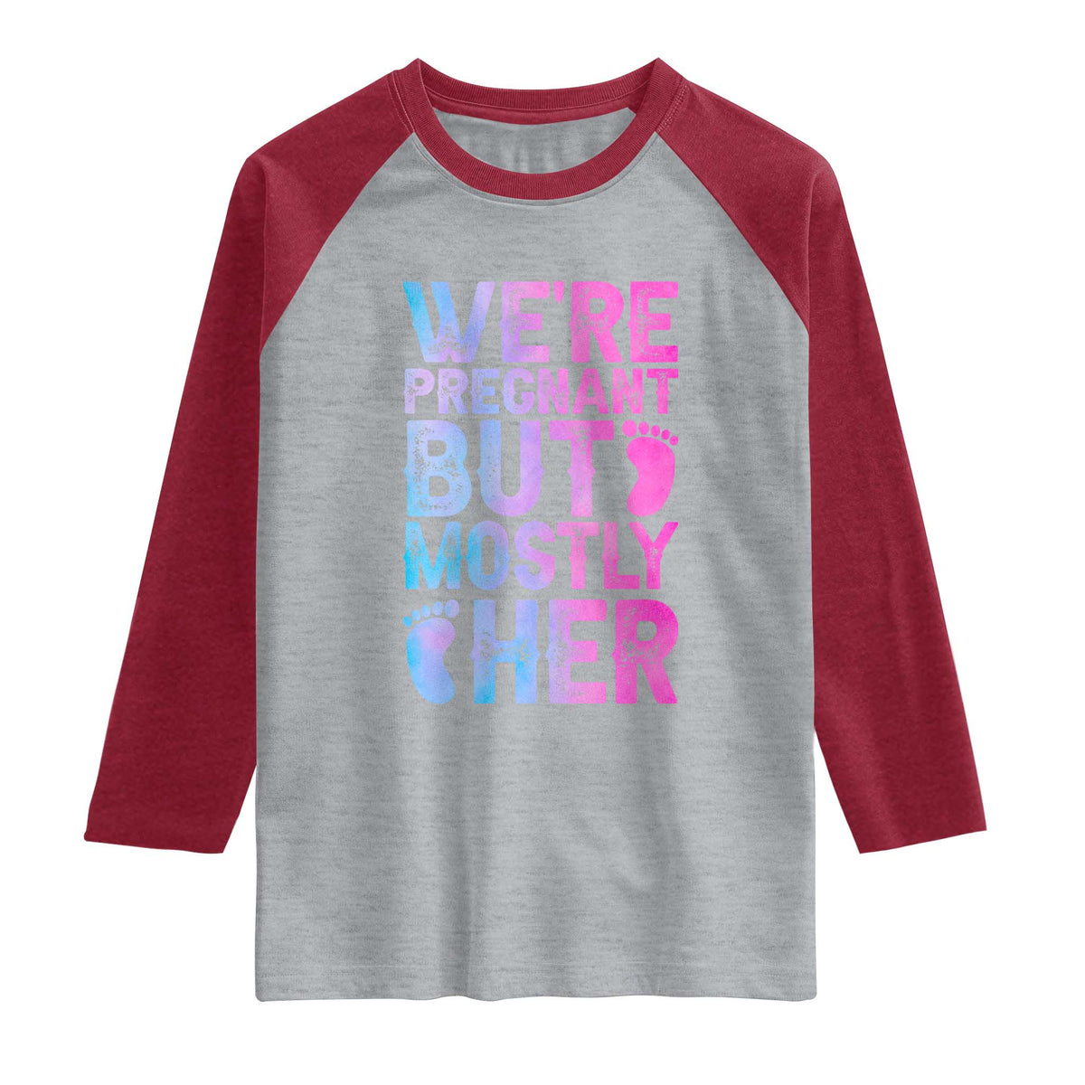 Funny First Time Parents Gift Raglan Shirt We Are Pregnant But Mostly Her TS12 Heather Gray Heather Red Print Your Wear