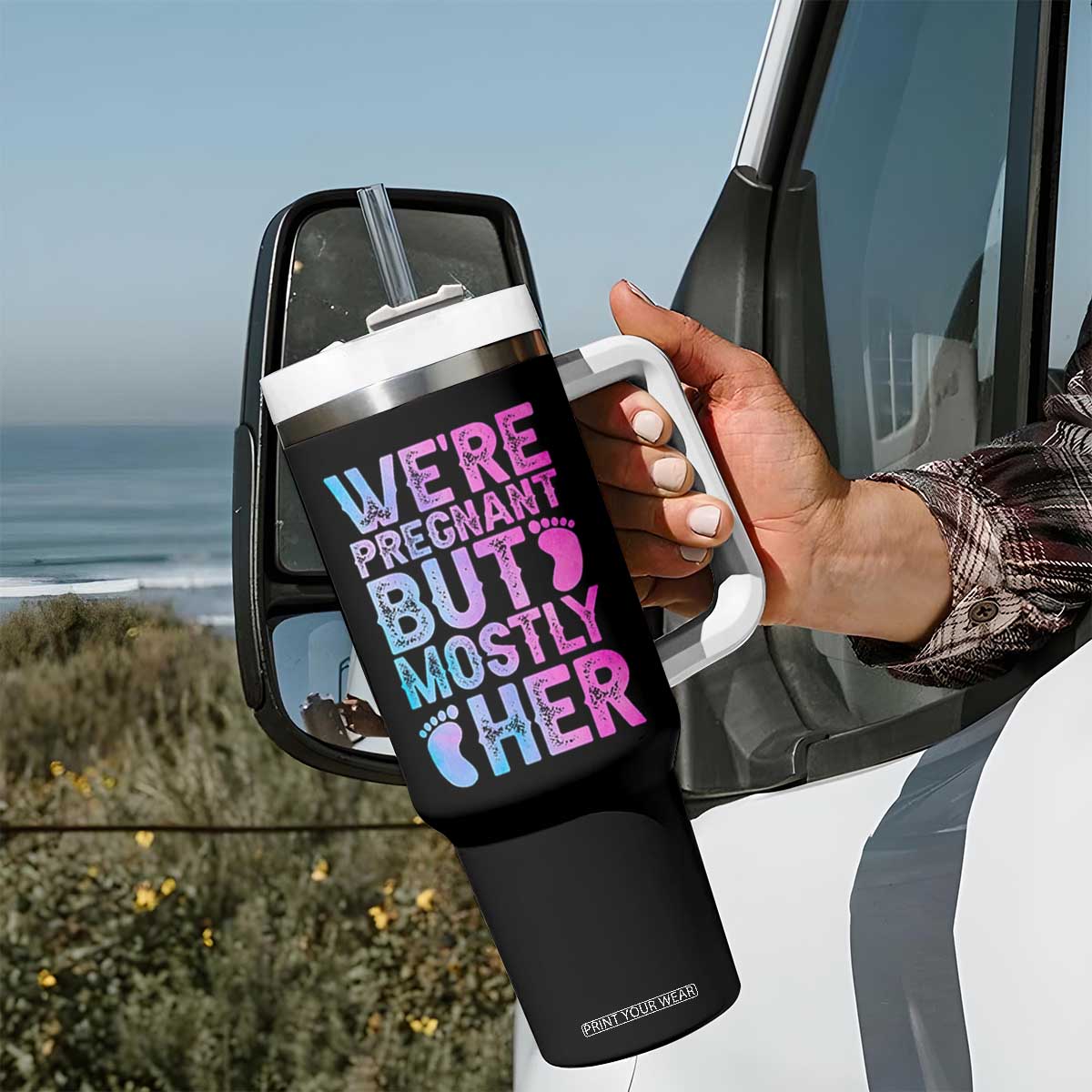 Funny First Time Parents Gift Tumbler With Handle We Are Pregnant But Mostly Her TS12 Print Your Wear