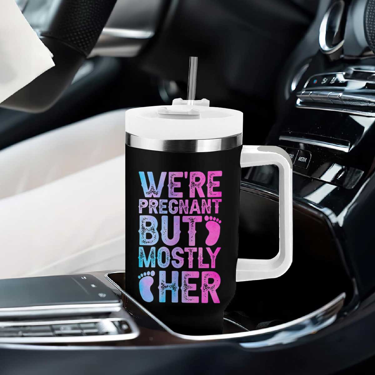 Funny First Time Parents Gift Tumbler With Handle We Are Pregnant But Mostly Her TS12 Print Your Wear