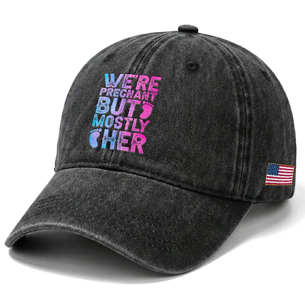 Funny First Time Parents Gift Washed Cotton Baseball Cap We Are Pregnant But Mostly Her TS12 Print Your Wear