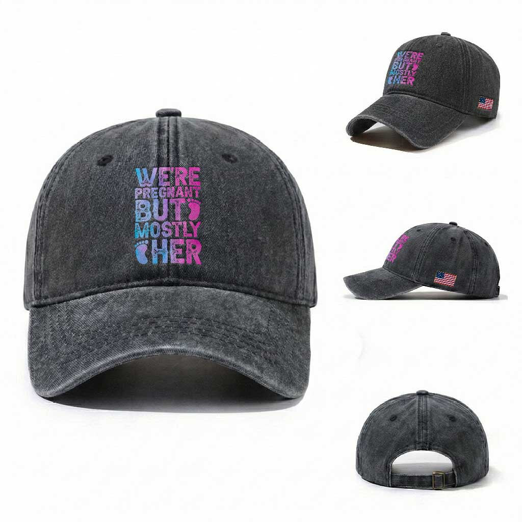 Funny First Time Parents Gift Washed Cotton Baseball Cap We Are Pregnant But Mostly Her TS12 Washed Cap Universal Fit Dark Gray Print Your Wear