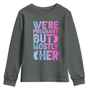 Funny First Time Parents Gift Youth Sweatshirt We Are Pregnant But Mostly Her TS12 Dark Heather Print Your Wear