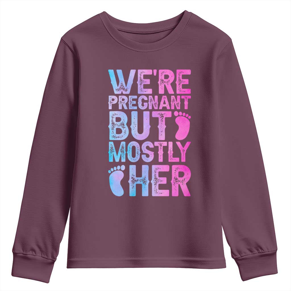 Funny First Time Parents Gift Youth Sweatshirt We Are Pregnant But Mostly Her TS12 Maroon Print Your Wear