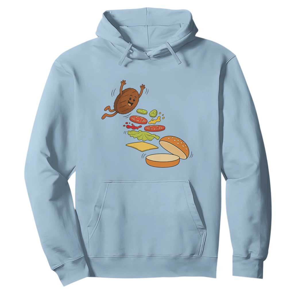 Funny Burger Ingredients Flying Into Bun Hoodie Fast Food Lover Gift TS12 Light Blue Print Your Wear