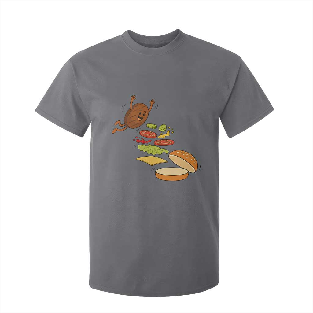 Funny Burger Ingredients Flying Into Bun T Shirt For Kid Fast Food Lover Gift TS12 Charcoal Print Your Wear