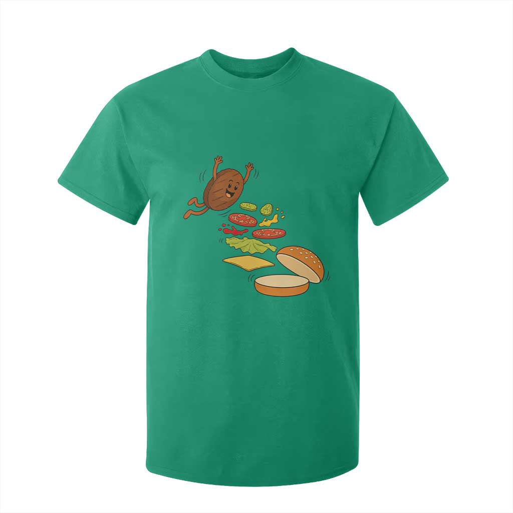 Funny Burger Ingredients Flying Into Bun T Shirt For Kid Fast Food Lover Gift TS12 Irish Green Print Your Wear