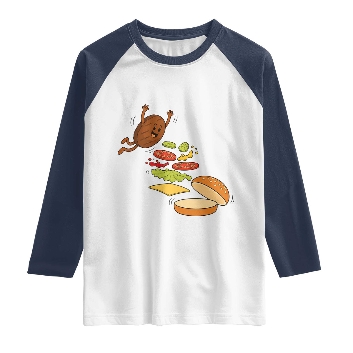 Funny Burger Ingredients Flying Into Bun Raglan Shirt Fast Food Lover Gift TS12 White Navy Print Your Wear