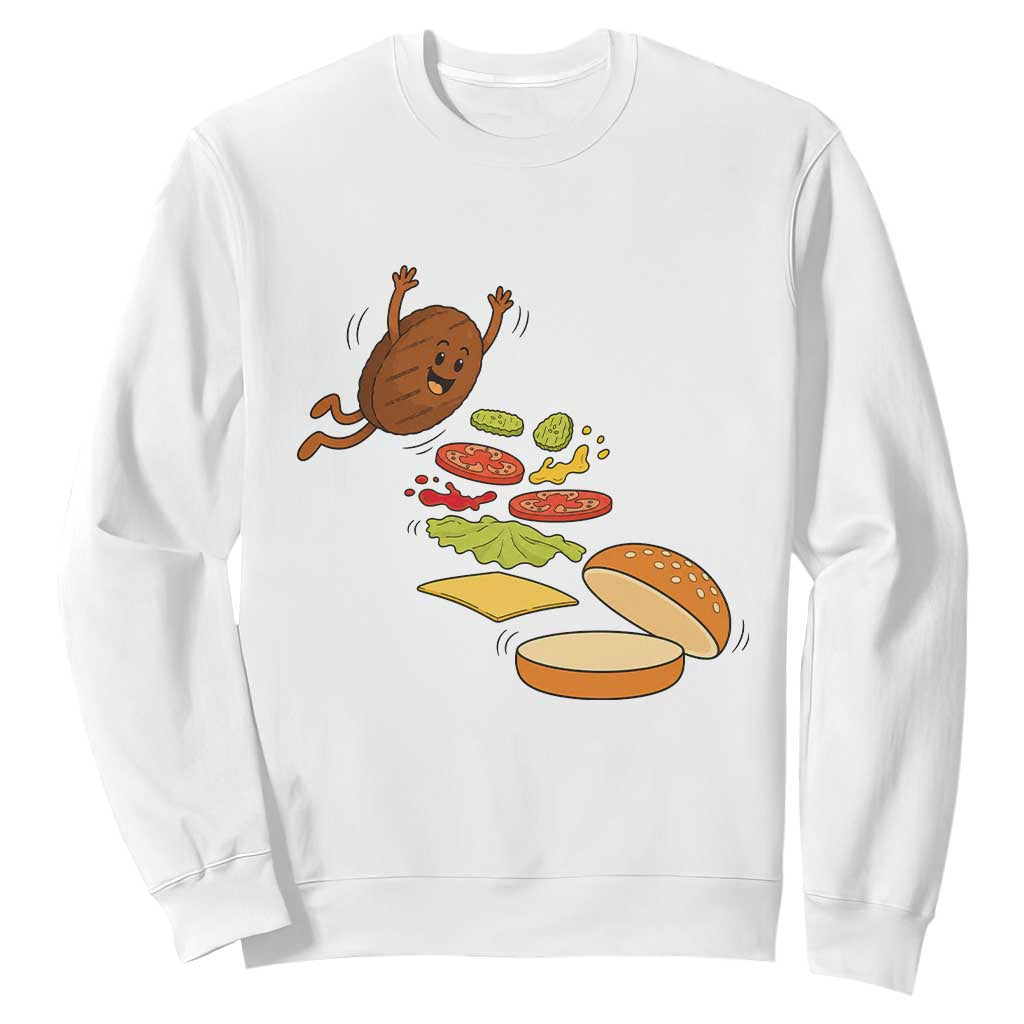 Funny Burger Ingredients Flying Into Bun Sweatshirt Fast Food Lover Gift TS12 White Print Your Wear