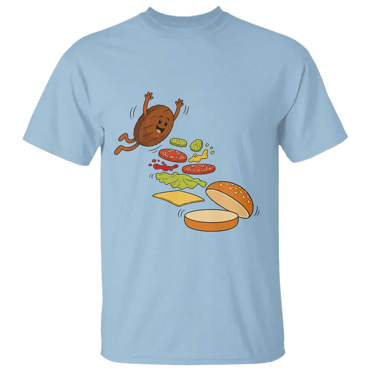 Funny Burger Ingredients Flying Into Bun T Shirt Fast Food Lover Gift TS12 Light Blue Print Your Wear