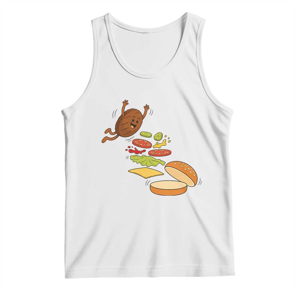 Funny Burger Ingredients Flying Into Bun Tank Top Fast Food Lover Gift TS12 White Print Your Wear