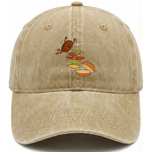 Funny Burger Ingredients Flying Into Bun Washed Cotton Baseball Cap Fast Food Lover Gift TS12 Print Your Wear