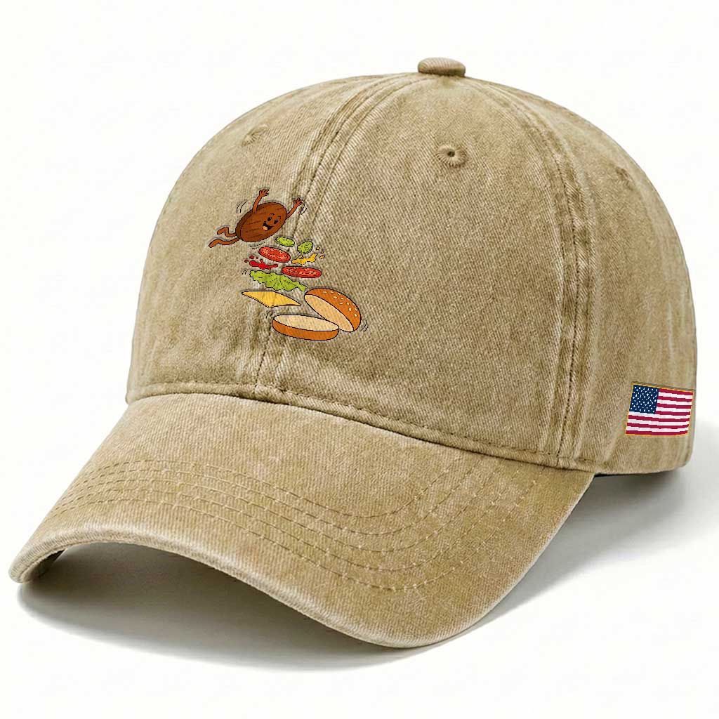 Funny Burger Ingredients Flying Into Bun Washed Cotton Baseball Cap Fast Food Lover Gift TS12 Print Your Wear