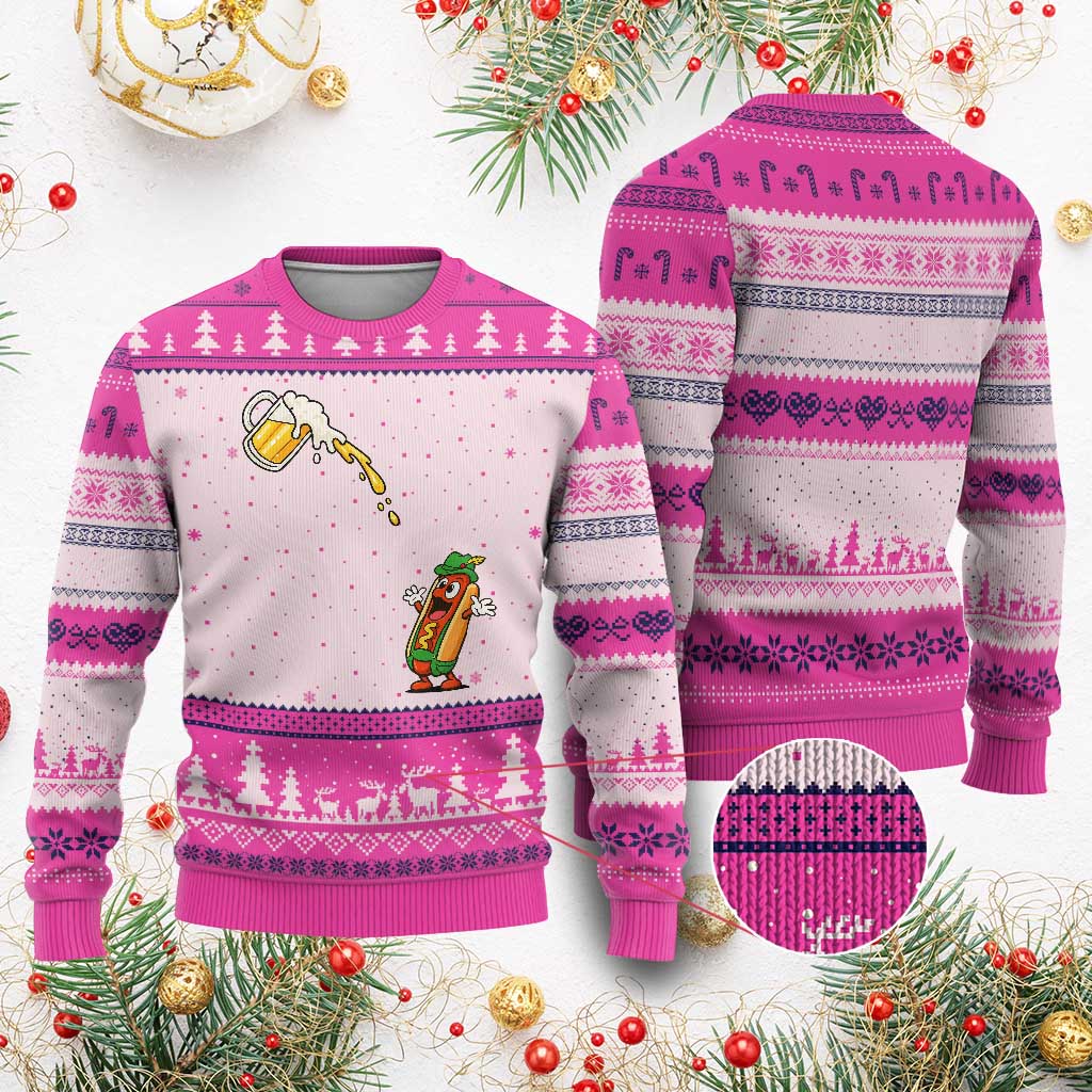 Funny Sausage Waiting For Beer Ugly Christmas Sweater Oktoberfest Gift TS12 Hot Pink Print Your Wear