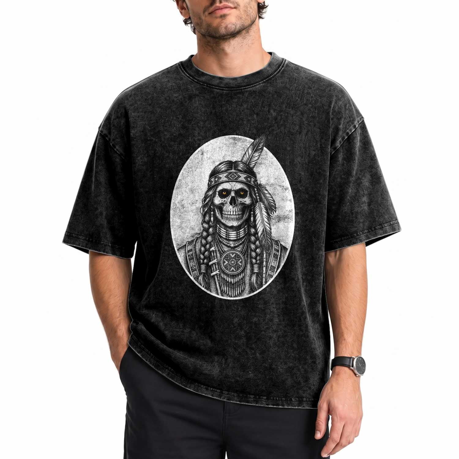 Vintage Gothic Skull Warrior Washed Cotton T-Shirt Native American Feather Chief