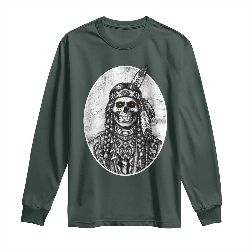Vintage Gothic Skull Warrior Long Sleeve Shirt Native American Feather Chief TS12 Dark Forest Green Print Your Wear