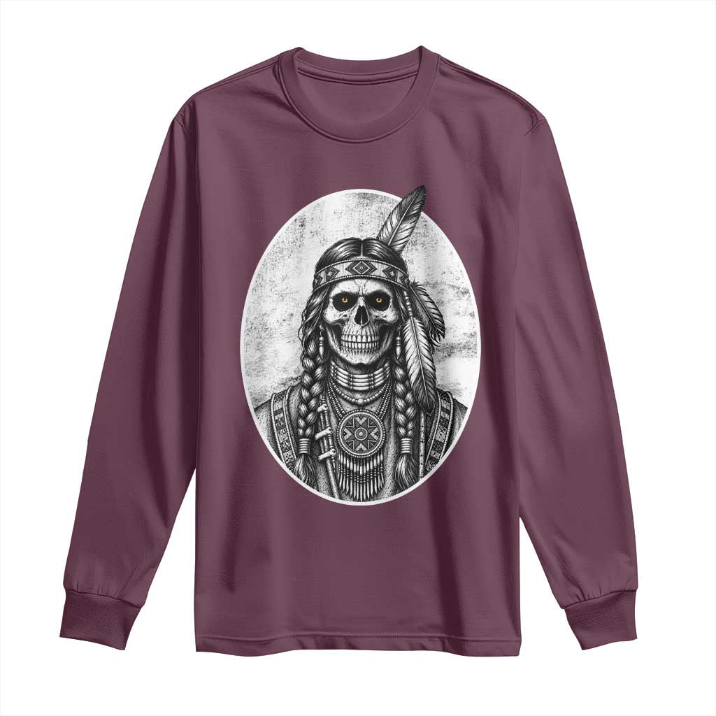 Vintage Gothic Skull Warrior Long Sleeve Shirt Native American Feather Chief TS12 Maroon Print Your Wear