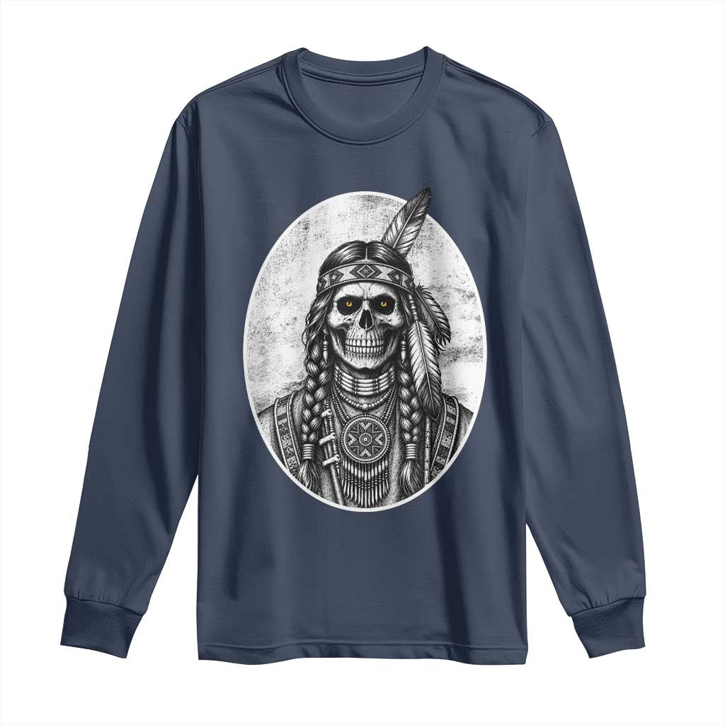 Vintage Gothic Skull Warrior Long Sleeve Shirt Native American Feather Chief TS12 Navy Print Your Wear