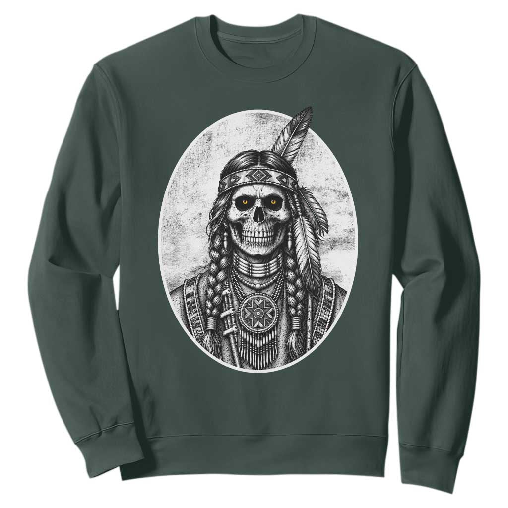 Vintage Gothic Skull Warrior Sweatshirt Native American Feather Chief TS12 Dark Forest Green Print Your Wear