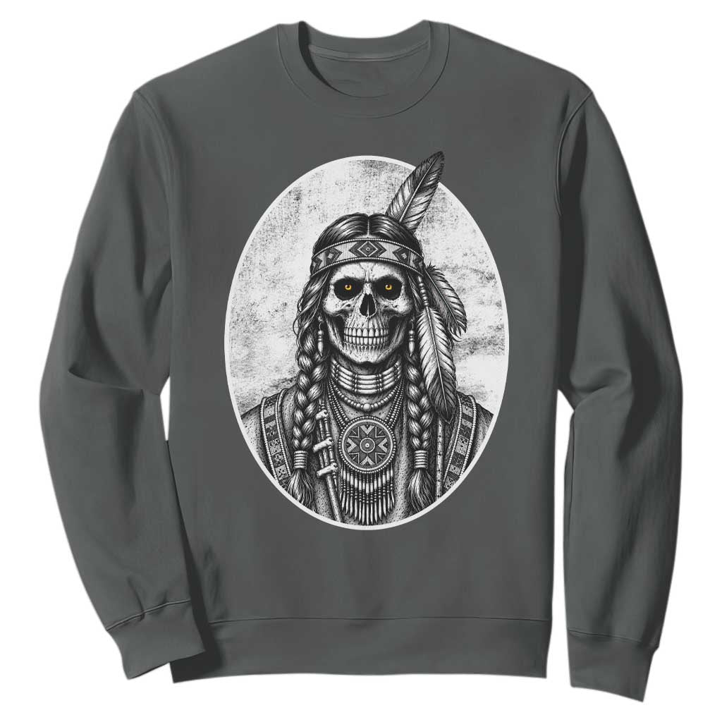 Vintage Gothic Skull Warrior Sweatshirt Native American Feather Chief TS12 Dark Heather Print Your Wear