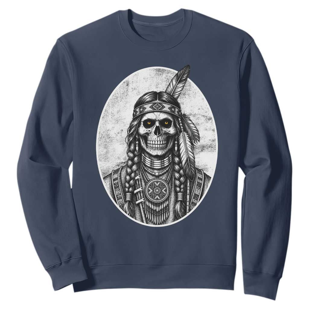 Vintage Gothic Skull Warrior Sweatshirt Native American Feather Chief TS12 Navy Print Your Wear