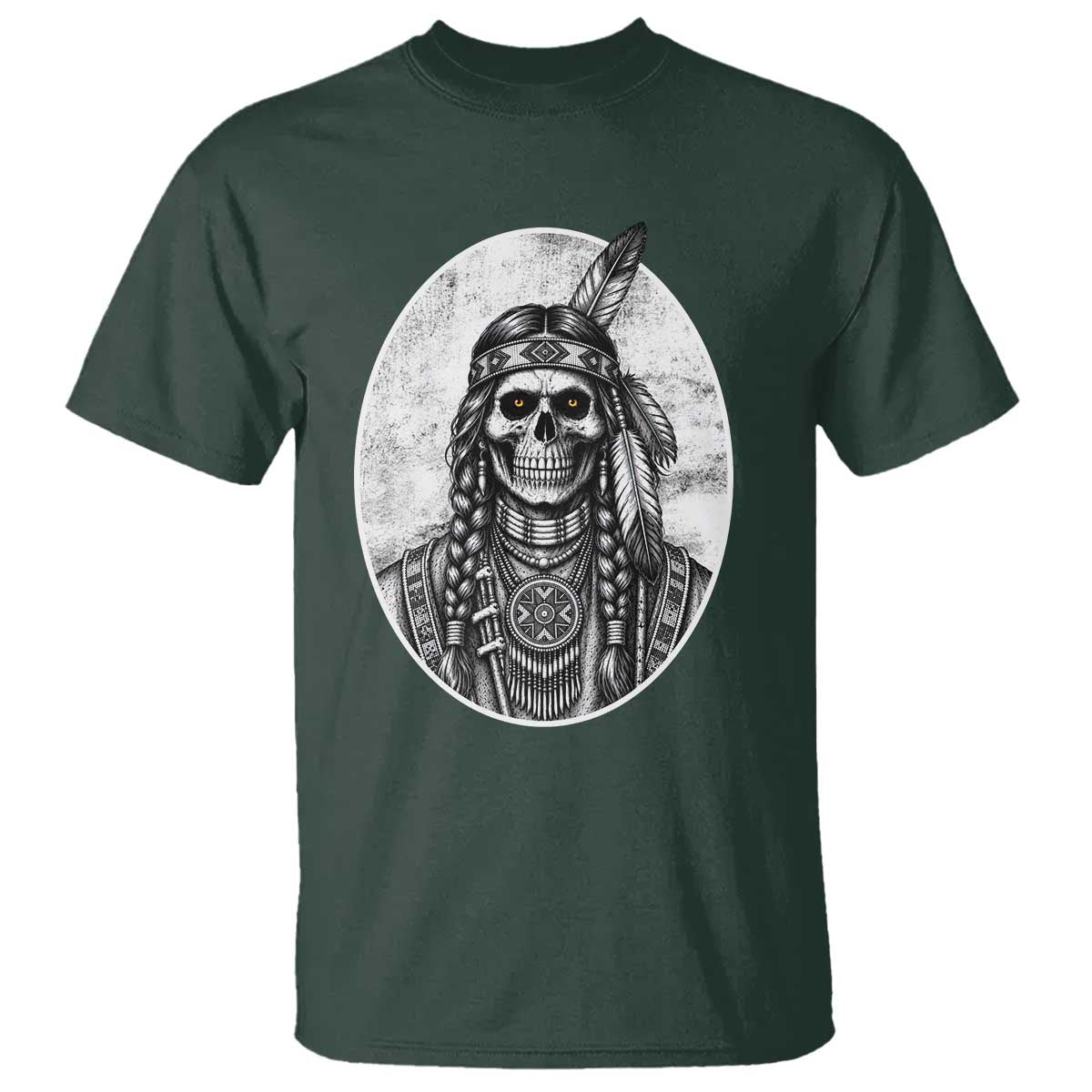 Vintage Gothic Skull Warrior T Shirt Native American Feather Chief TS12 Dark Forest Green Print Your Wear