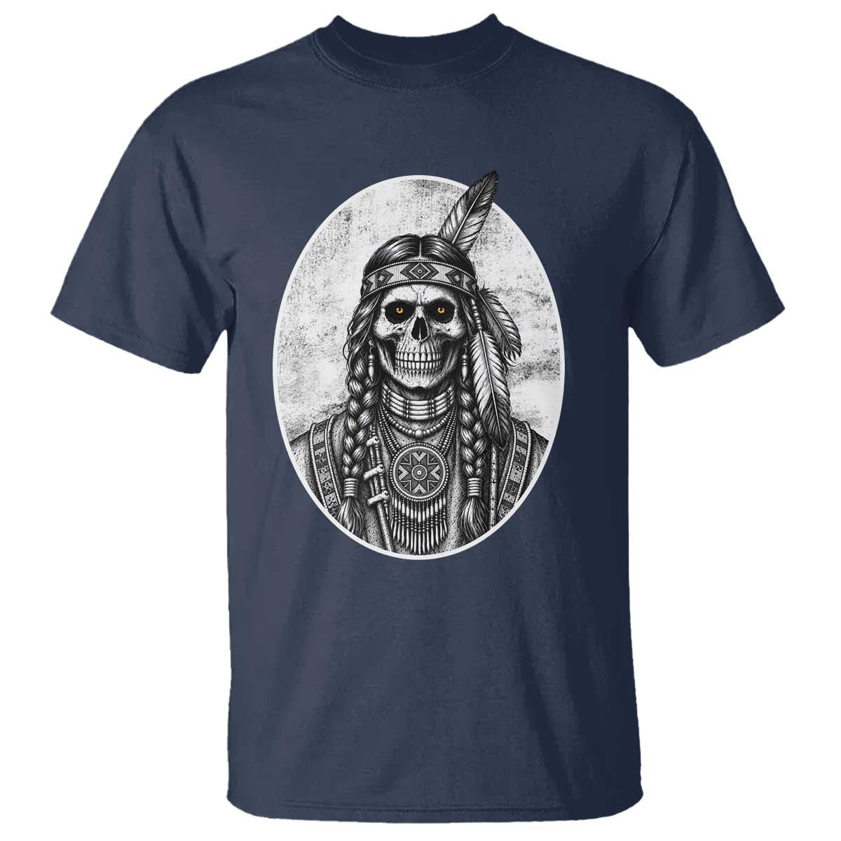 Vintage Gothic Skull Warrior T Shirt Native American Feather Chief TS12 Navy Print Your Wear