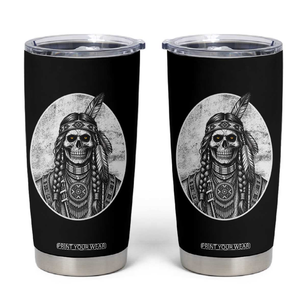 Vintage Gothic Skull Warrior Tumbler Cup Native American Feather Chief TS12 Black Print Your Wear