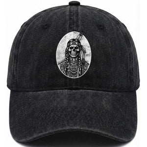 Vintage Gothic Skull Warrior Washed Cotton Baseball Cap Native American Feather Chief TS12 Print Your Wear