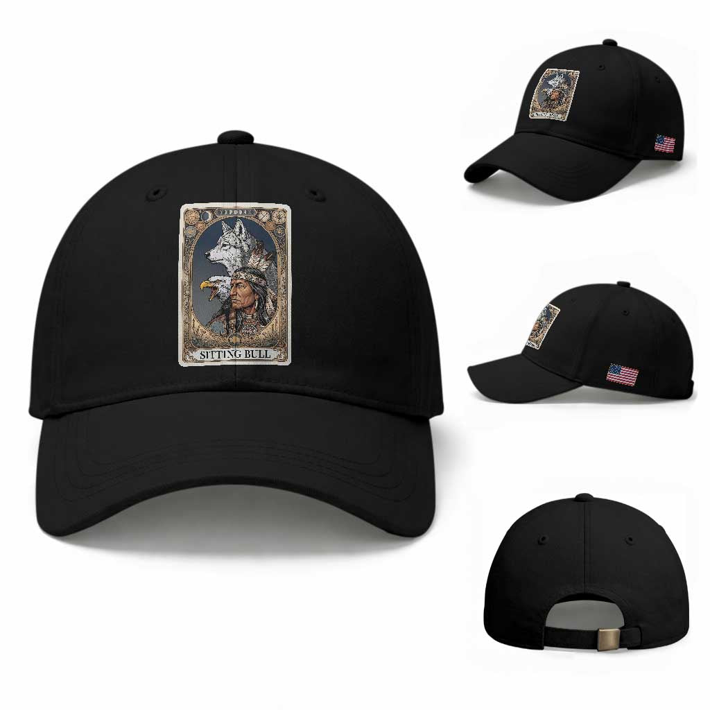 Sitting Bull Native American Chief Baseball Cap Vintage Tarot Card Illustration TS12 Baseball Cap Universal Fit Black Print Your Wear