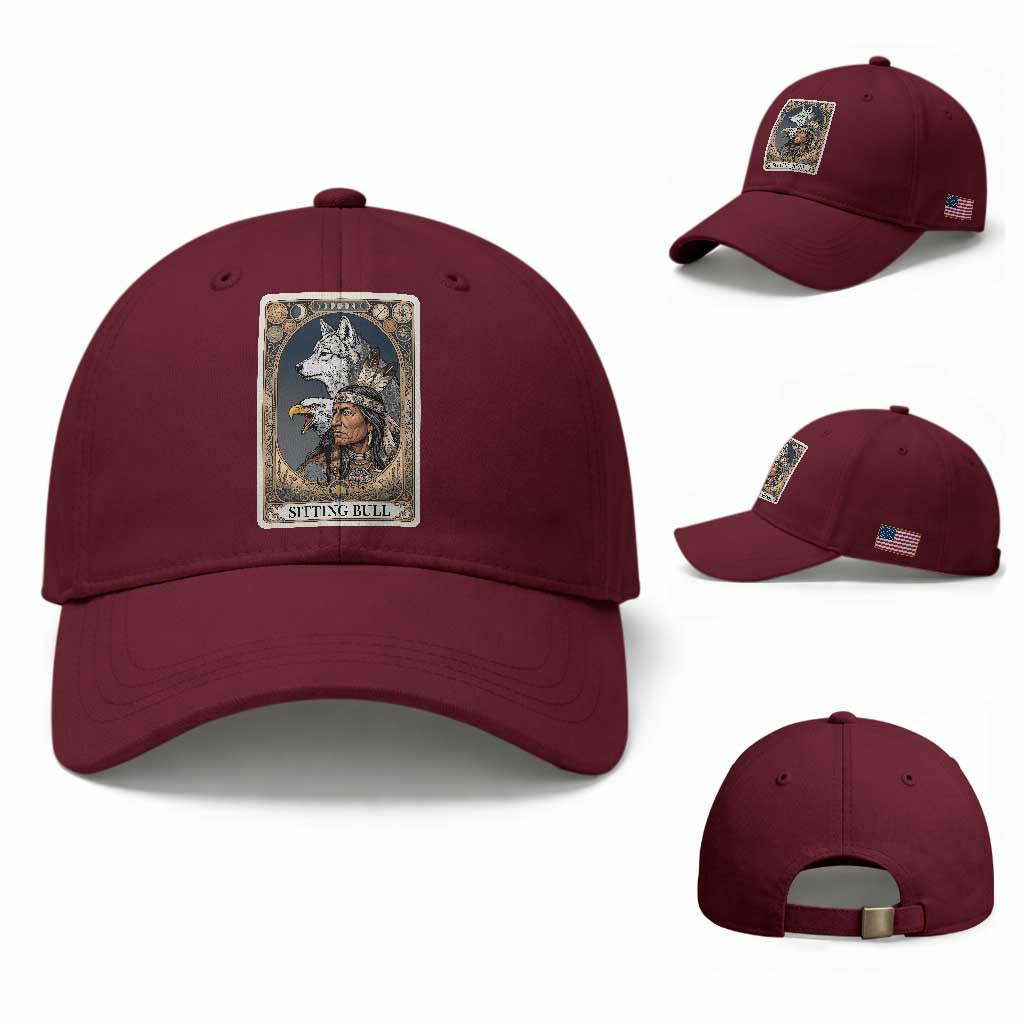 Sitting Bull Native American Chief Baseball Cap Vintage Tarot Card Illustration TS12 Baseball Cap Universal Fit Maroon Print Your Wear