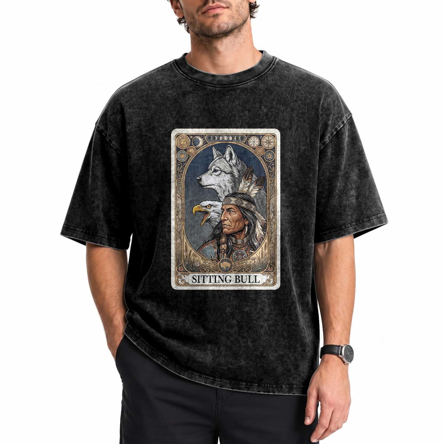 Sitting Bull Native American Chief Washed Cotton T-Shirt Vintage Tarot Card Illustration