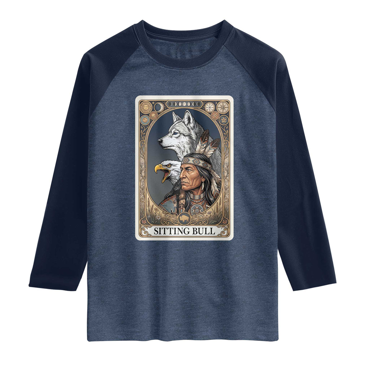 Sitting Bull Native American Chief Raglan Shirt Vintage Tarot Card Illustration TS12 Heather Denim Navy Print Your Wear