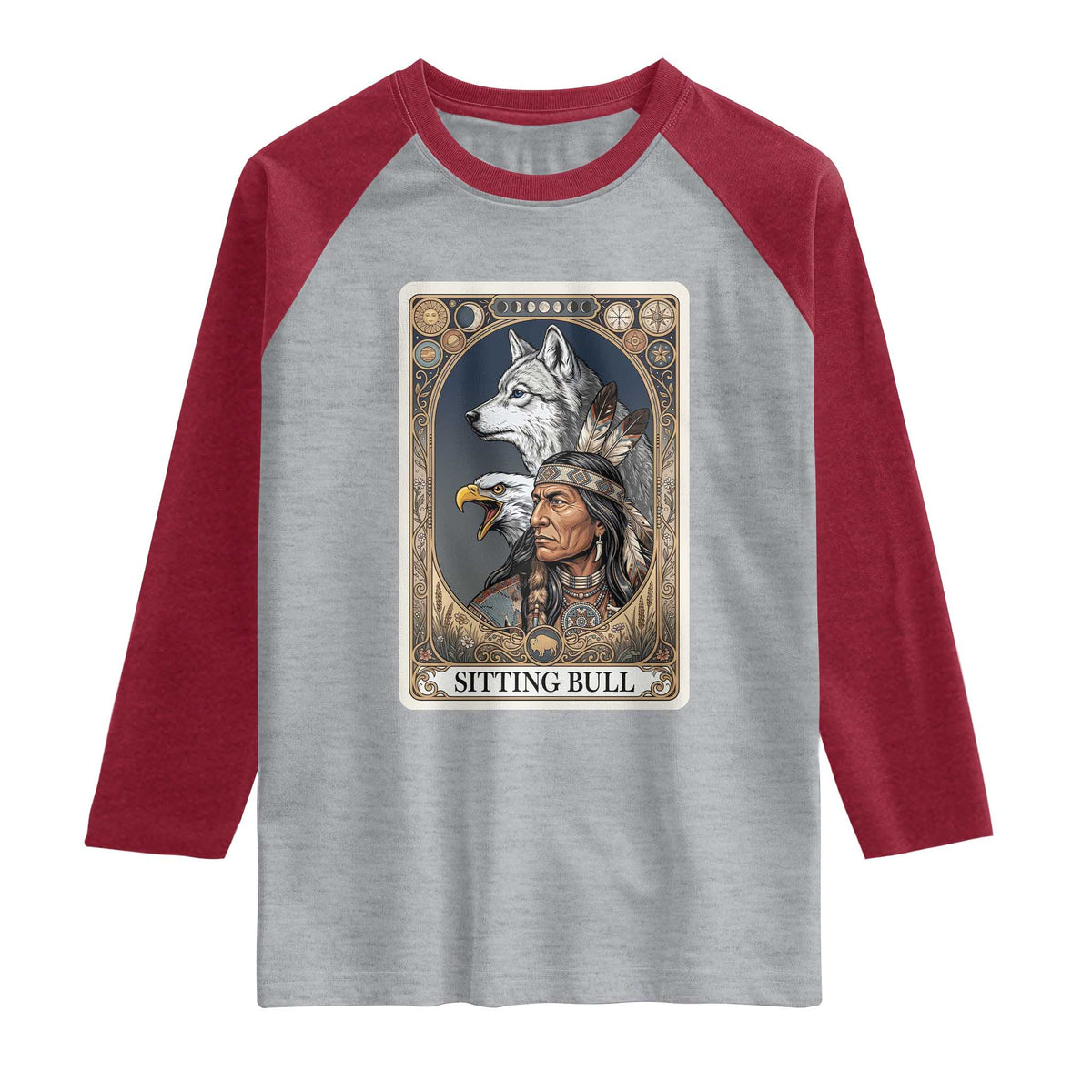 Sitting Bull Native American Chief Raglan Shirt Vintage Tarot Card Illustration TS12 Heather Gray Heather Red Print Your Wear