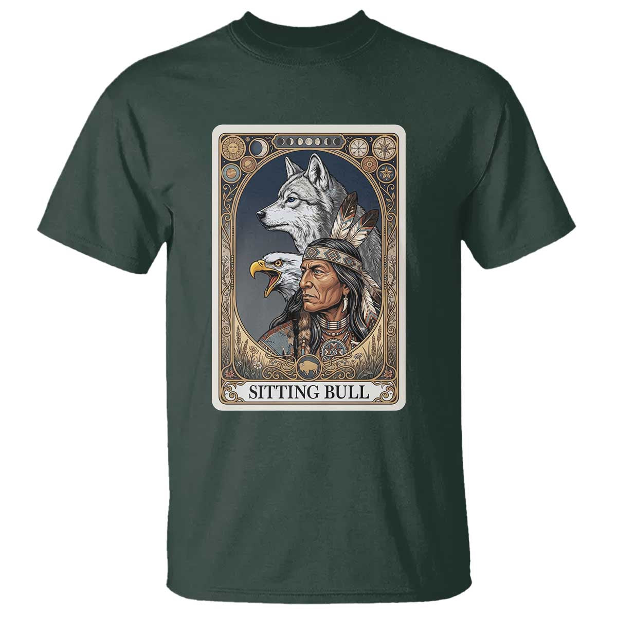 Sitting Bull Native American Chief T Shirt Vintage Tarot Card Illustration TS12 Dark Forest Green Print Your Wear