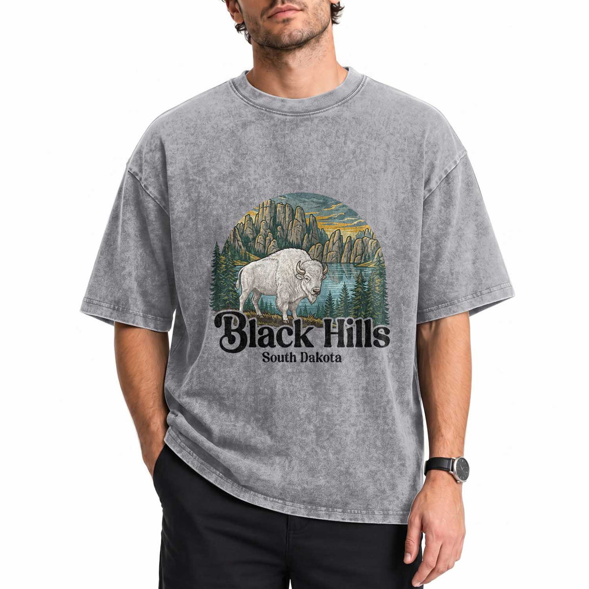 Black Hills South Dakota White Buffalo Washed Cotton T-Shirt State Pride Gift