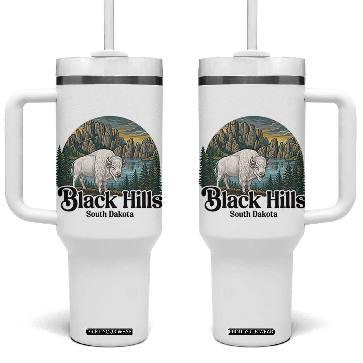 Black Hills South Dakota White Buffalo Tumbler With Handle State Pride Gift TS12 One Size: 40 oz White Print Your Wear